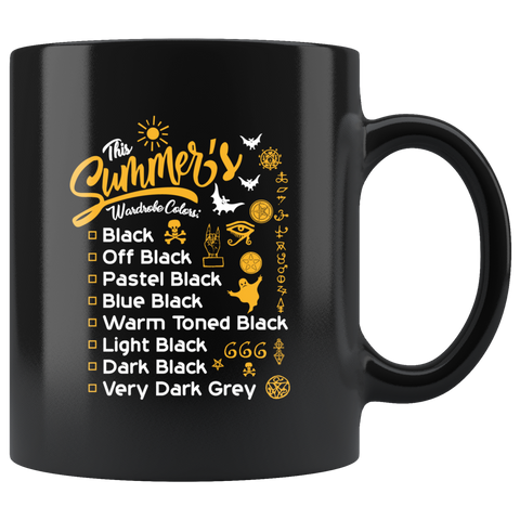 The summer's wardrobe colors dresses swimsuits shirts shorts light dark warm off black coffee cup mug - Luxurious Inspirations