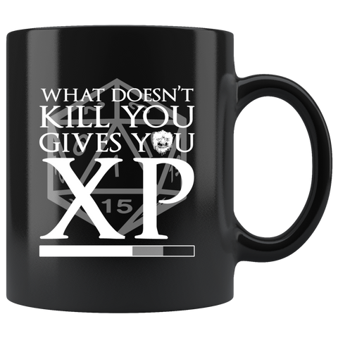 What doesn't kill you gives you XP rpg DND d20 d2 critical hit miss dice coffee cup mug - Luxurious Inspirations