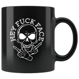 Hey Fuck Face Funny Vulgar Offensive Rude Middle Finger Skeleton Mug - Black 11 ounce Coffee cup - Luxurious Inspirations