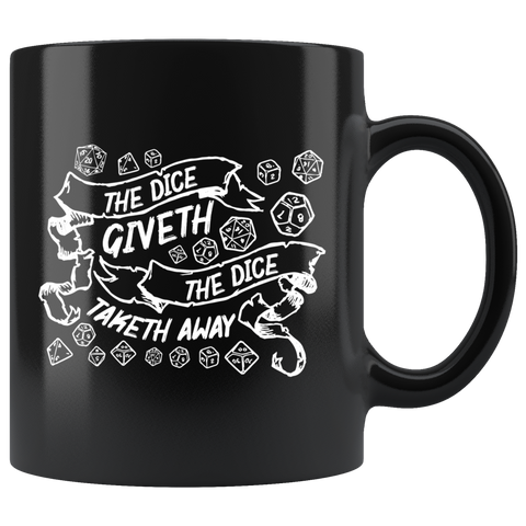 The dice giveth the dice taketh away rpg DND d20 d2 critical hit miss coffee cup mug - Luxurious Inspirations