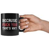 Because Fuck You That's Why Funny Vulgar Offensive Rude Crude Adult Humor Mug - Black 11 Ounce Coffee Cup - Luxurious Inspirations