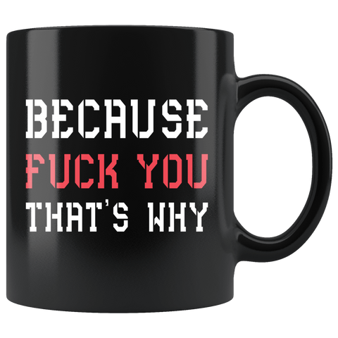 Because Fuck You That's Why Funny Vulgar Offensive Rude Crude Adult Humor Mug - Black 11 Ounce Coffee Cup - Luxurious Inspirations
