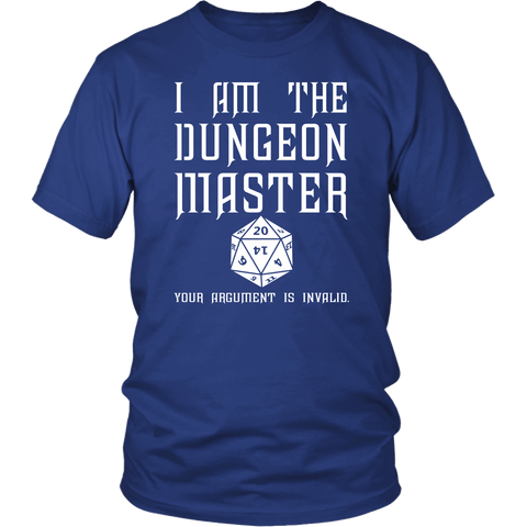 Blue Dungeon Master DND T shirt with D20 dice graphic