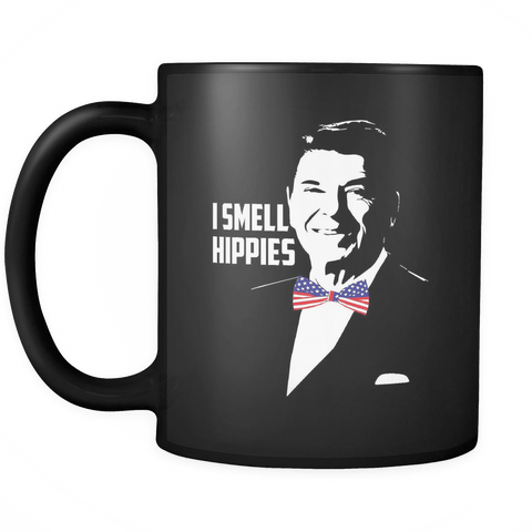I Smell Hippies Mug | Funny Conservative USA Ronald Reagan 11oz Black Coffee Cup - Luxurious Inspirations