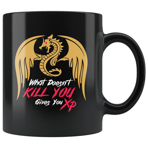 What Doesn't Kill You Gives You XP Funny Gaming DND DM RPG Tabletop Mug - D20 Critical Hit Coffee Cup - Luxurious Inspirations